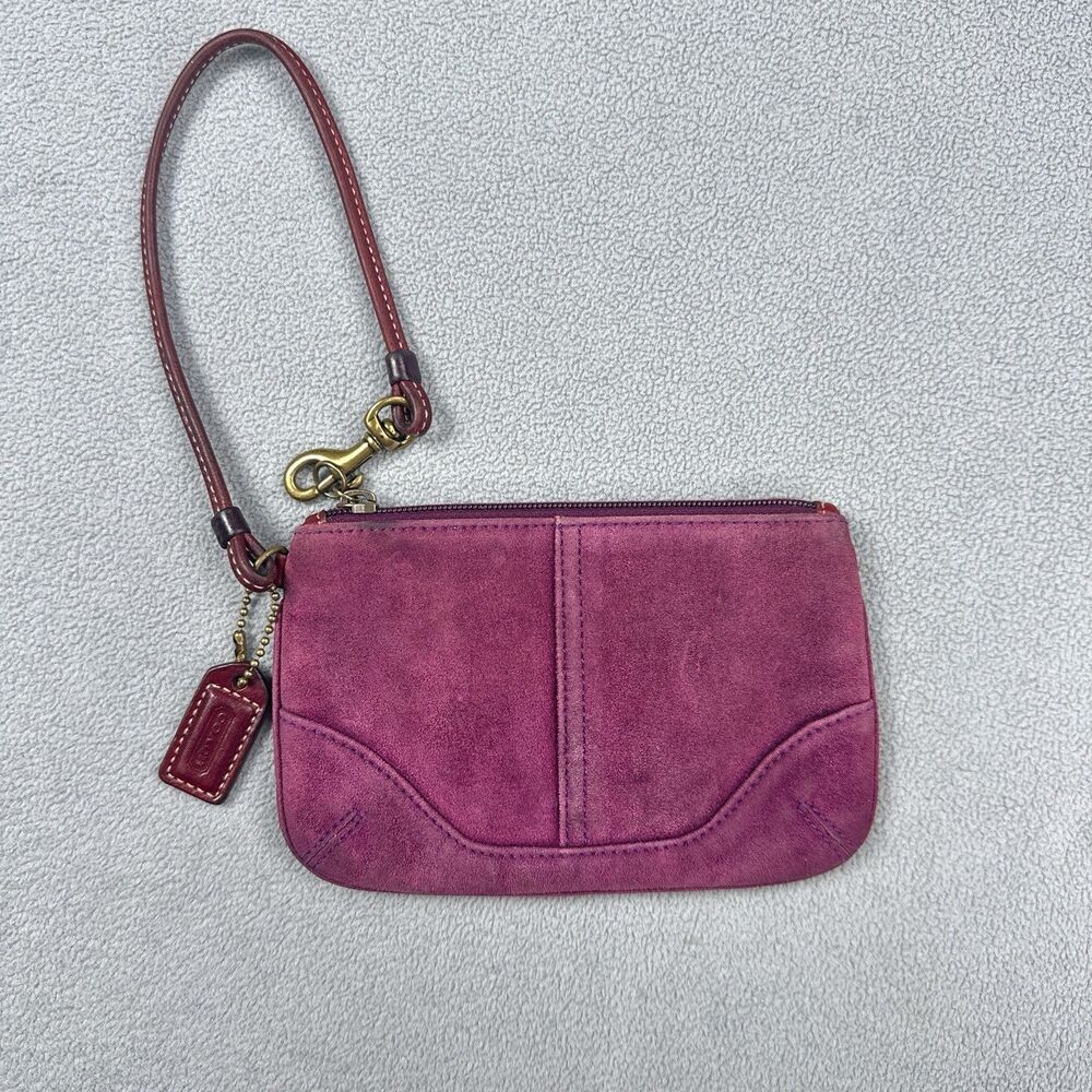 Vtg Coach Wristlet Purple Suede Leather Trim Small Clutch Purse Zip Pouch Plum